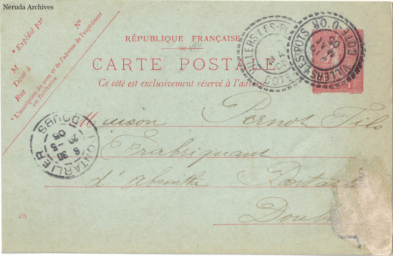 NRA-L-000214 image 1 showing the address side of a postcard sent by J. Mitaine to Pernod Fils, with contemporary postal and business marks.