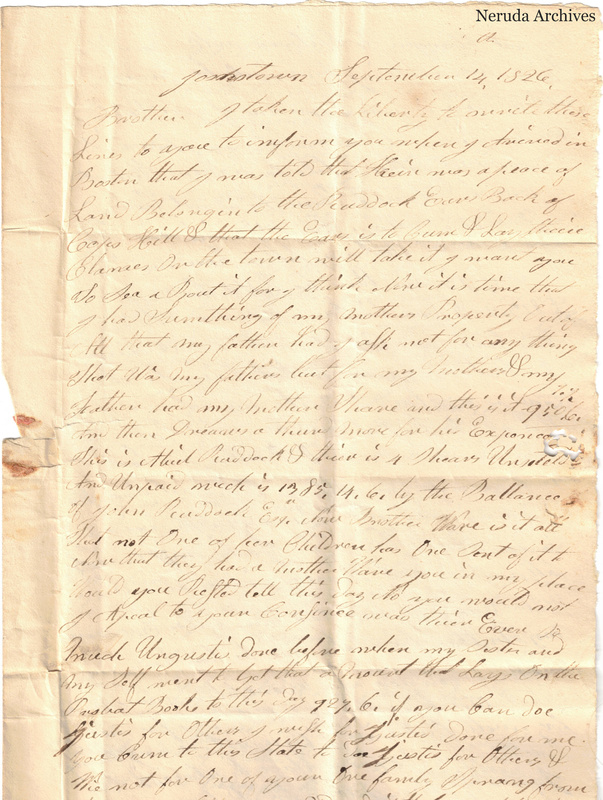 NRA-L-000029 image 2 showing the beginning of Tabitha Devereux's letter from Johnston, Rhode Island, dated 14 September 1826.