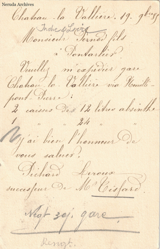 NRA-L-000333 image 2 showing the handwritten message from Pichard Leroux to Pernod Fils, with contemporary annotations and the sender's signature or business mark.
