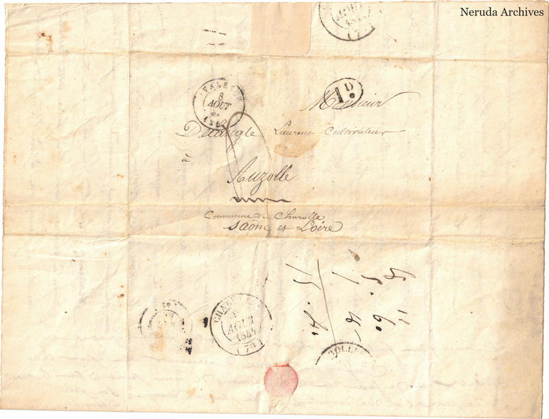 NRA-L-000538 image 1 showing a folded address panel to a Frachon correspondent with postal marks, forwarding notes, seals and visible folds.