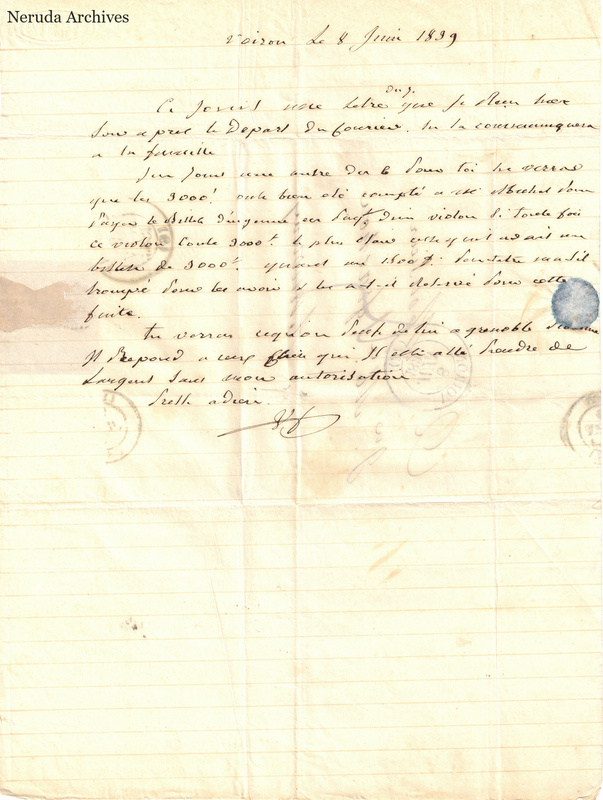 NRA-L-000508 image 2 showing a handwritten French letter continuation with closing, signature, later notes, folds and paper edges.