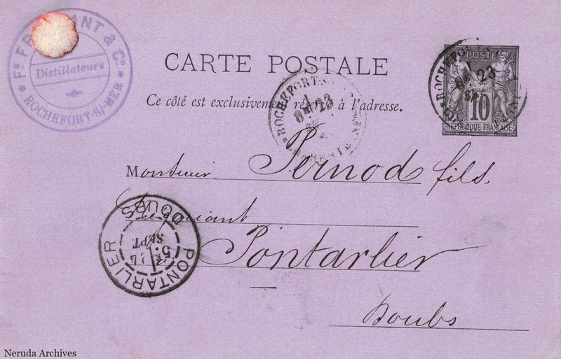 NRA-L-000188 image 1 showing the address side of a postcard sent by Froissant & Cie to Pernod Fils, with contemporary postal and business marks.