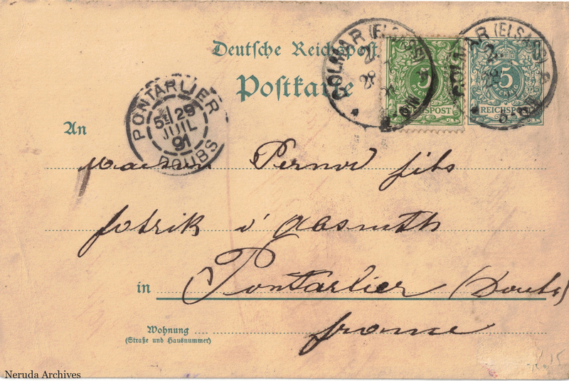 NRA-L-000160 image 1 showing the address panel of a German postcard to Pernod Fils in Pontarlier, with two postage stamps and transit and destination postmarks.