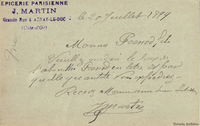 NRA-L-000267 image 2 showing the handwritten message from J. Martin, Épicerie Parisienne to Pernod Fils, with contemporary annotations and the sender's signature or business mark.