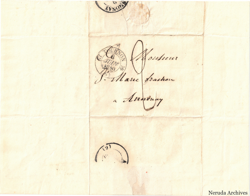 NRA-L-000594 image 1 showing a folded address panel to a Frachon correspondent at Annonay, with handwritten delivery address, postal marks, sealing evidence, folds and retained annotations.