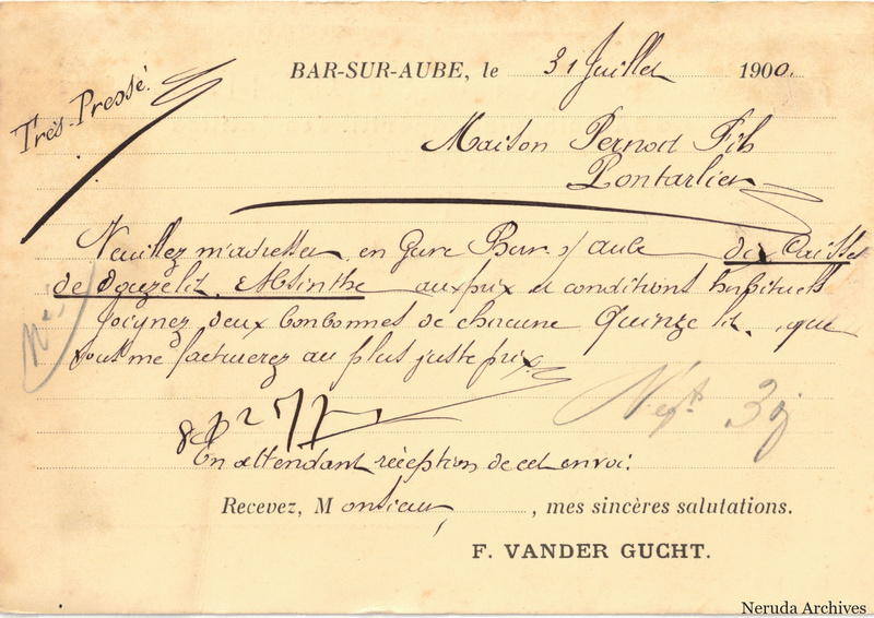 NRA-L-000172 image 2 showing the handwritten postcard message sent from Bar-sur-Aube, with absinthe-trade correspondence and the sender's signature.