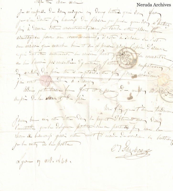 NRA-L-000541 image 2 showing a handwritten French letter continuation with closing, signature, later notes, folds and paper edges.