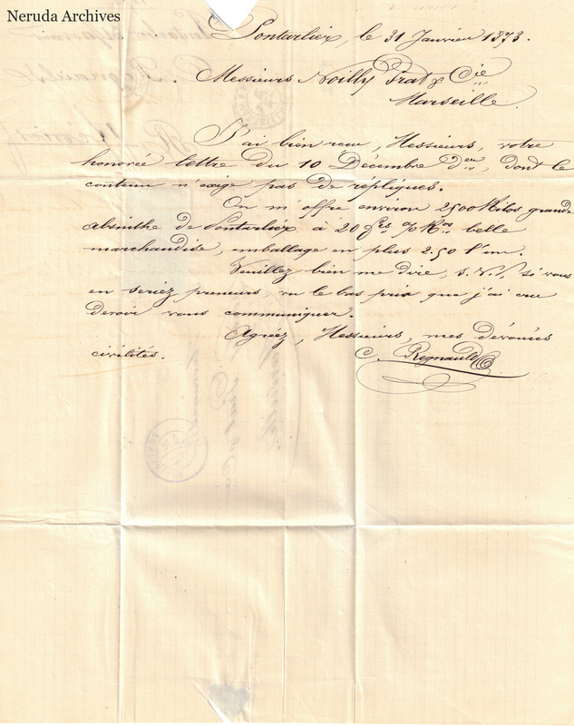 NRA-L-000143 image 2 showing a handwritten commercial letter from Pontarlier to Boilly Prat and Company, with dated heading, absinthe shipment details, signature, folds and an upper-edge paper loss.