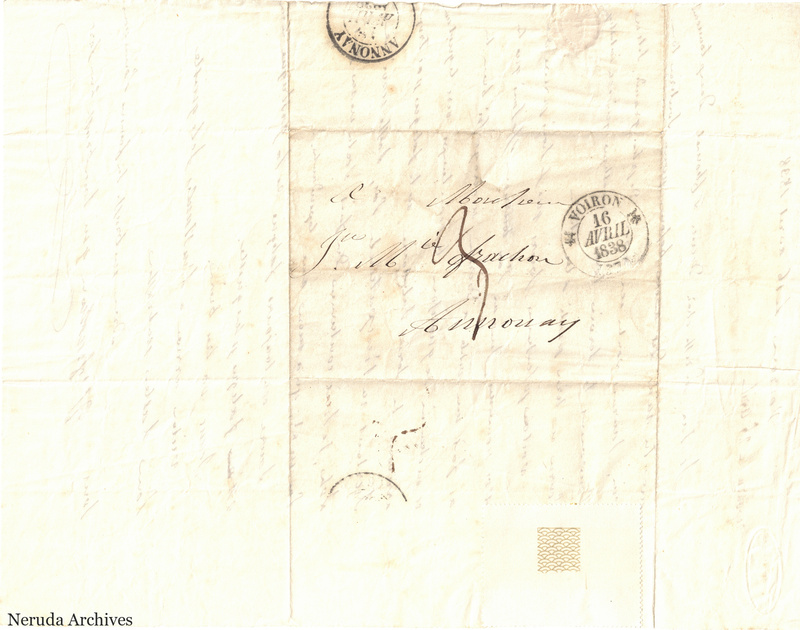 NRA-L-000492 image 1 showing a folded address panel to a Frachon correspondent with circular postal marks, routing notations and visible folds.