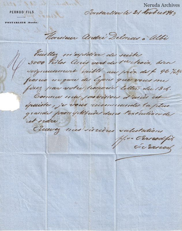 NRA-L-000124 image 2 showing a handwritten commercial letter on Pernod fils letterhead with dated heading, monetary amount, signature, folds and a loss at the left edge.