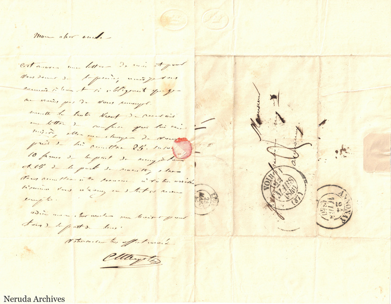 NRA-L-000476 image 1 showing one unfolded sheet with French letter text and signature at left, an address panel, circular postal marks, folds and a red seal remnant.