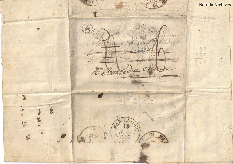 NRA-L-000073 image 1 showing a folded address panel with multiple postal marks, docketing and calculations.