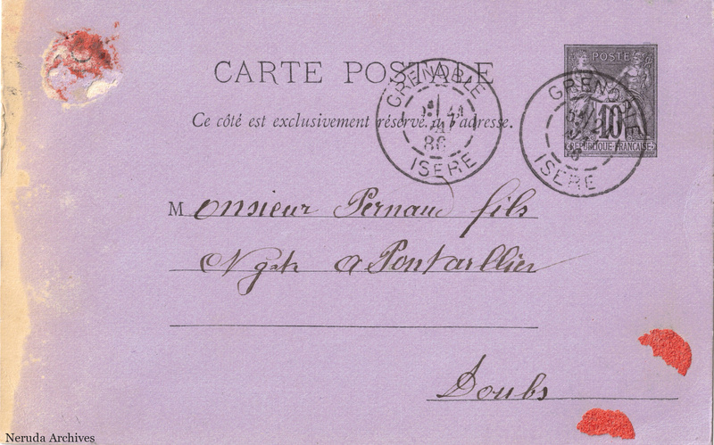 NRA-L-000192 image 1 showing the address side of a postcard sent by J. Coynel to Pernod Fils, with contemporary postal and business marks.