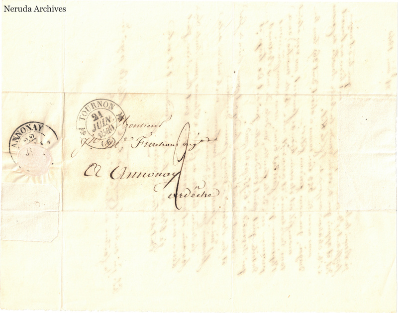 NRA-L-000595 image 1 showing a folded address panel to a Frachon correspondent at Annonay, with handwritten delivery address, postal marks, sealing evidence, folds and retained annotations.