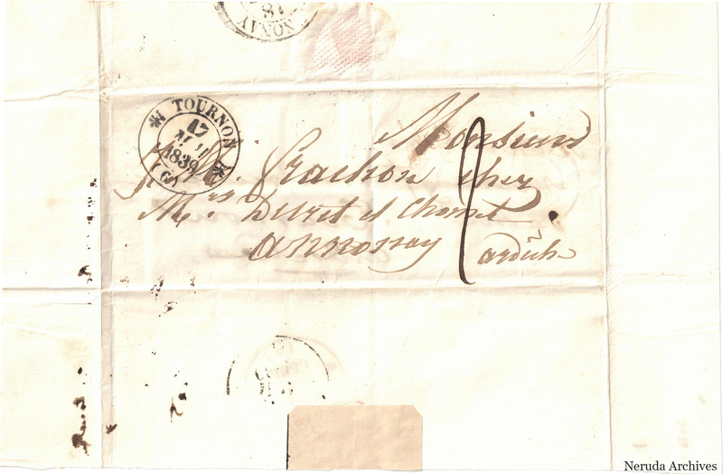NRA-L-000536 image 1 showing a folded address panel to a Frachon correspondent with postal marks, forwarding notes, seals and visible folds.