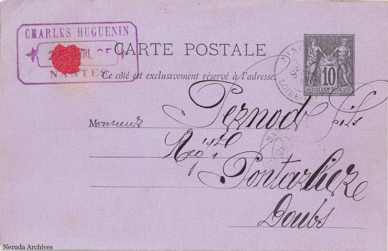 NRA-L-000187 image 1 showing the address side of a postcard sent by Charles Huguenin to Pernod Fils, with contemporary postal and business marks.