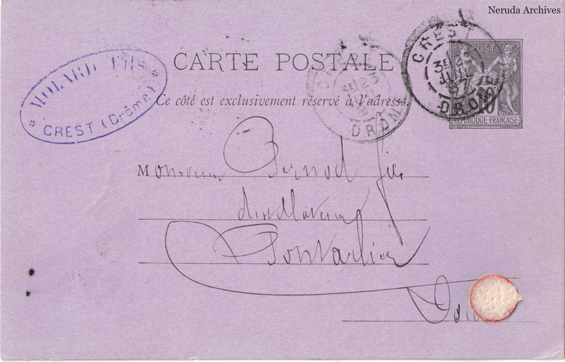 NRA-L-000349 image 1 showing the address side of a postcard sent by M. Molard, Molard Fils to Pernod Fils, with contemporary postal and business marks.