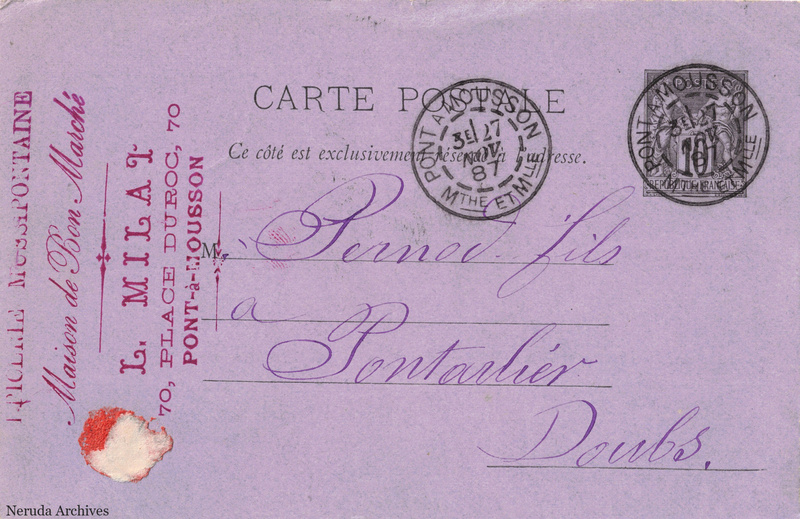 NRA-L-000288 image 1 showing the address side of a postcard sent by Louis Milat to Pernod Fils, with contemporary postal and business marks.