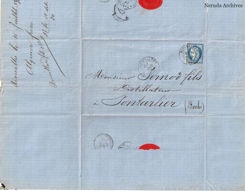 NRA-L-000152 image 1 showing the address panel to Pernod fils, distiller at Pontarlier, with postage stamp, circular postmarks, two red paper seals, manuscript docketing, folds and a small lower-left paper loss.