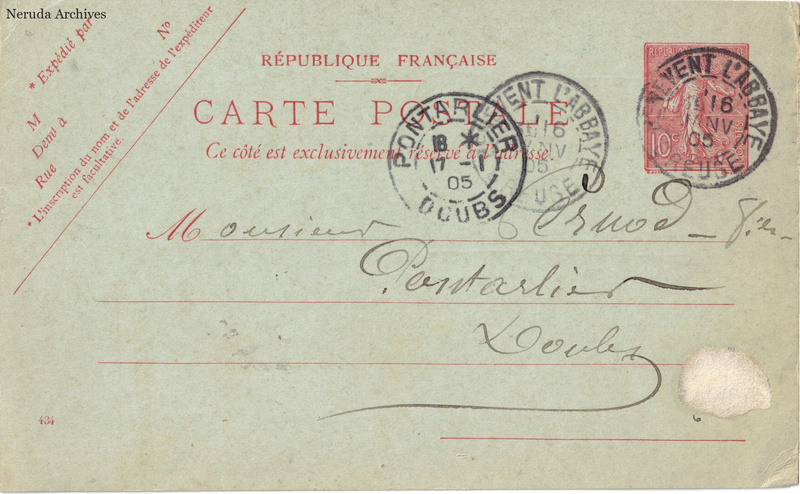 NRA-L-000382 image 1 showing the complete address side of the postcard, with the recipient address, postage, postmarks and contemporary business or filing marks.