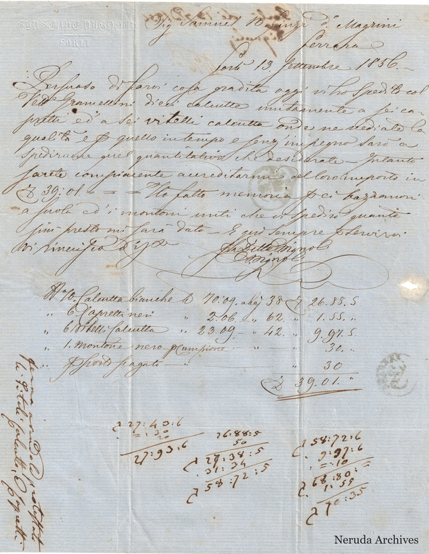 NRA-L-000698 image 2 showing the incoming letter, an account, a short recipient margin note and calculations in the Forli letter of 13 September1856.