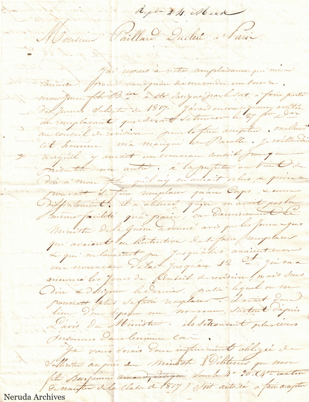 NRA-L-000326 image 2 showing the opening page of a formal French manuscript letter, written in brown ink across a heavily folded sheet.