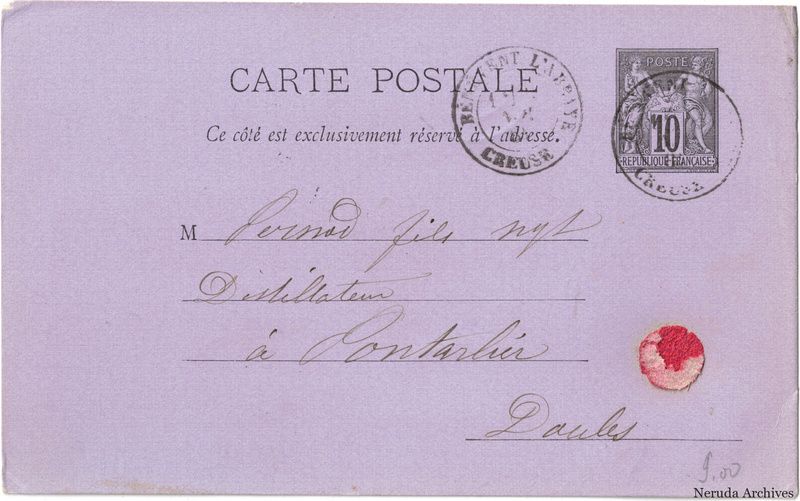 NRA-L-000367 image 1 showing the complete address side of the postcard, with the recipient address, postage, postmarks and contemporary business or filing marks.