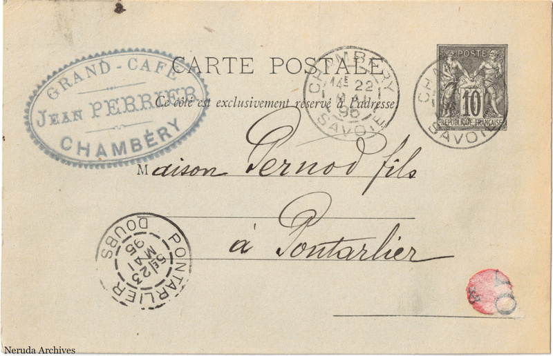 NRA-L-000236 image 1 showing the address side of a postcard sent by J. Perrier, Grand Café to Pernod Fils, with contemporary postal and business marks.
