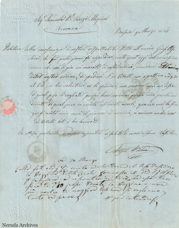 NRA-L-000767 image 2 showing Pietro Pesci's letter dated 1861-03-09 from Brescia, with signature and a separate draft reply beneath it.
