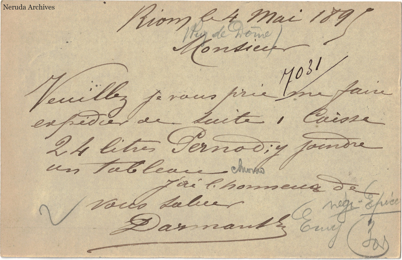 NRA-L-000244 image 2 showing the handwritten message from Darmant to Pernod Fils, with contemporary annotations and the sender's signature or business mark.