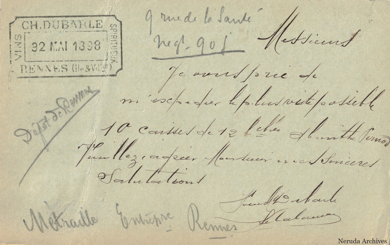 NRA-L-000230 image 2 showing the handwritten message from Ch. Dubayle to Pernod Fils, with contemporary annotations and the sender's signature or business mark.