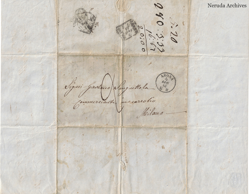 NRA-L-000633 image 1 showing a folded address panel to a Sanguettola correspondent in Milan, with handwritten address, postal marks, numerical annotations, folds and complete surviving paper edges.