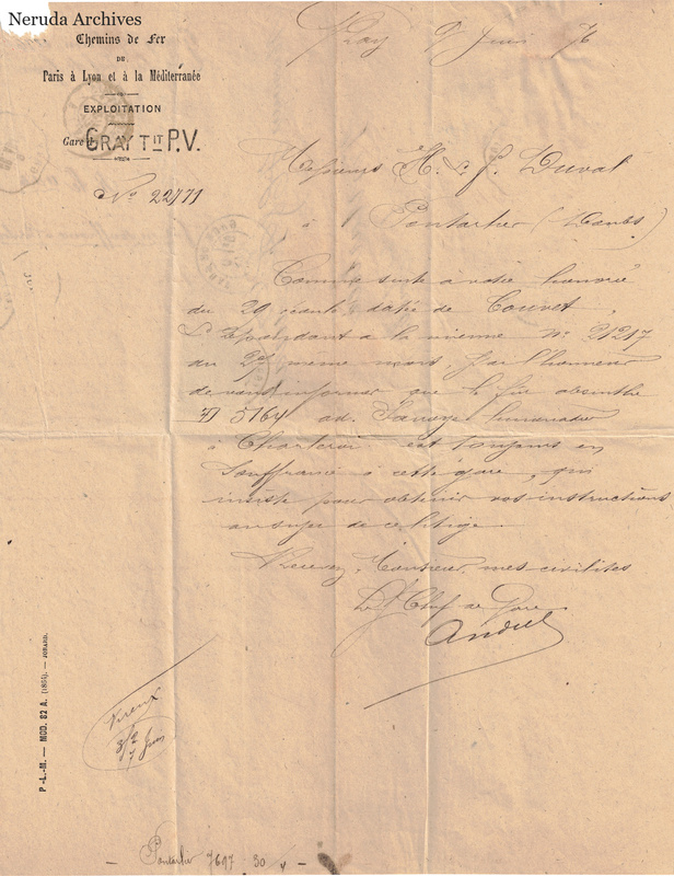NRA-L-000138 image 2 showing a Paris-Lyon-Méditerranée railway form from Gray with handwritten notice to H. and F. Duval, official markings, signature, folds and a missing upper-left corner.