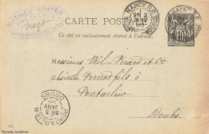 NRA-L-000290 image 1 showing the address side of a postcard sent by E. Mathieu-Rohmer to Veil-Picard & Cie, Maison Pernod Fils, with contemporary postal and business marks.