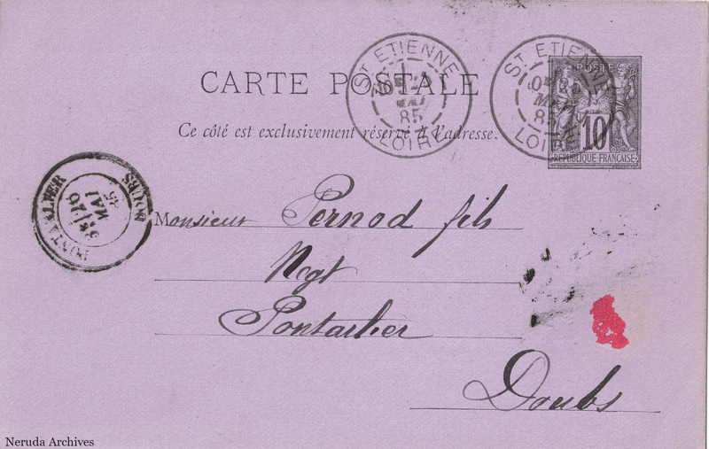 NRA-L-000186 image 1 showing the address side of a postcard sent by Louis Grangier to Pernod Fils, with contemporary postal and business marks.