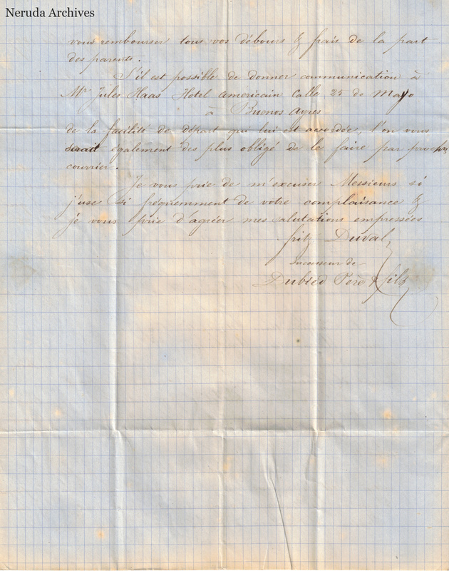 NRA-L-000157 image 3 showing the continuation and closing page of the French commercial letter, with Buenos Aires instructions, signature identifying Fritz Duval as successor to Dubied pere et fils, folds and paper discoloration.