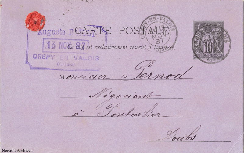 NRA-L-000176 image 1 showing the postcard address panel to Pernod fils in Pontarlier, with postage stamp, postmarks and the sender's business mark.