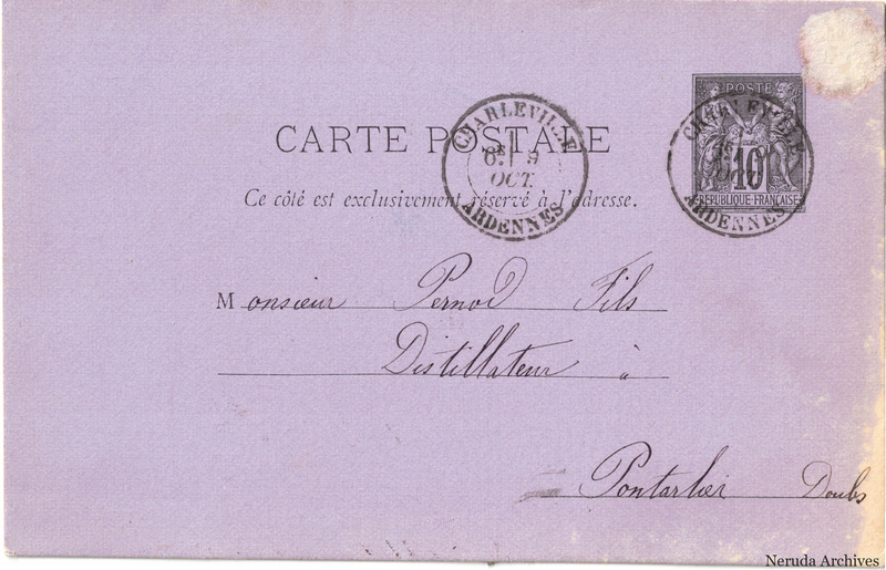 NRA-L-000346 image 1 showing the address side of a postcard sent by Charles Schwartz to Pernod Fils, with contemporary postal and business marks.
