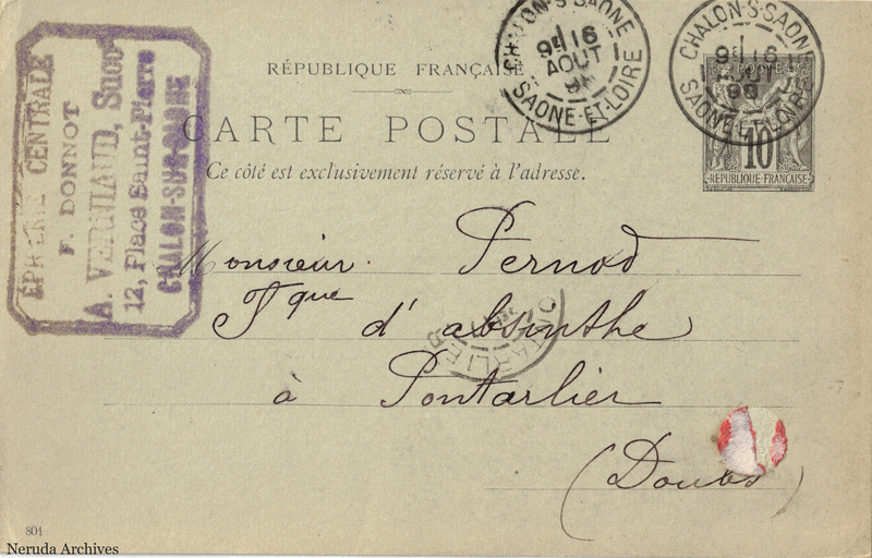 NRA-L-000268 image 1 showing the address side of a postcard sent by A. Verniaud, Épicerie Centrale to Pernod Fils, with contemporary postal and business marks.