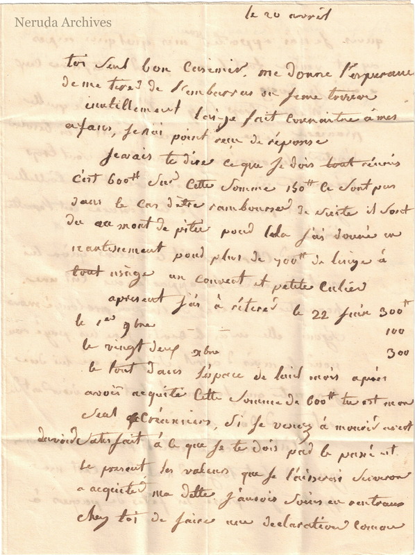 NRA-L-000024 image 2 showing the opening of M. G.'s French letter concerning debt and the Mont-de-Piété.