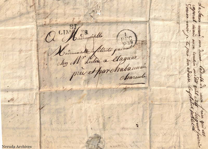 NRA-L-000011 image 1 showing the address panel and postal marks for Christine's 1829 letter to Mademoiselle Felicite Pacaud in Charente.