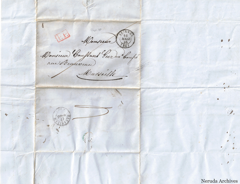 NRA-L-000053 image 1 showing the folded address panel to Marseille with postal cancellations.