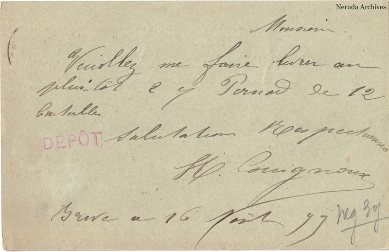 NRA-L-000243 image 2 showing the handwritten message from H. Couignoux to Pernod Fils, with contemporary annotations and the sender's signature or business mark.