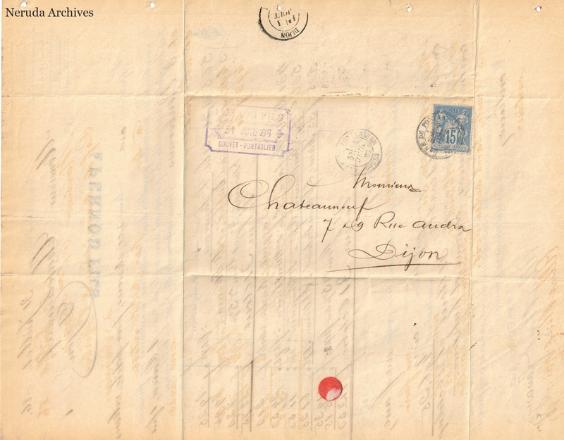 NRA-L-000140 image 1 showing a folded address panel to a Dijon firm with a postage stamp, Pontarlier and Dijon postal marks, business handstamp, receiver docketing, folds and a red seal remnant.
