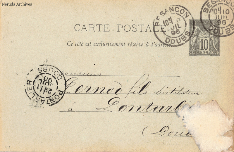 NRA-L-000377 image 1 showing the complete address side of the postcard, with the recipient address, postage, postmarks and contemporary business or filing marks.