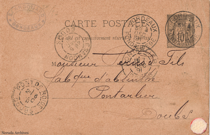 NRA-L-000174 image 1 showing the postcard address panel to Pernod fils in Pontarlier, with postage stamp, postmarks and the sender's business mark.