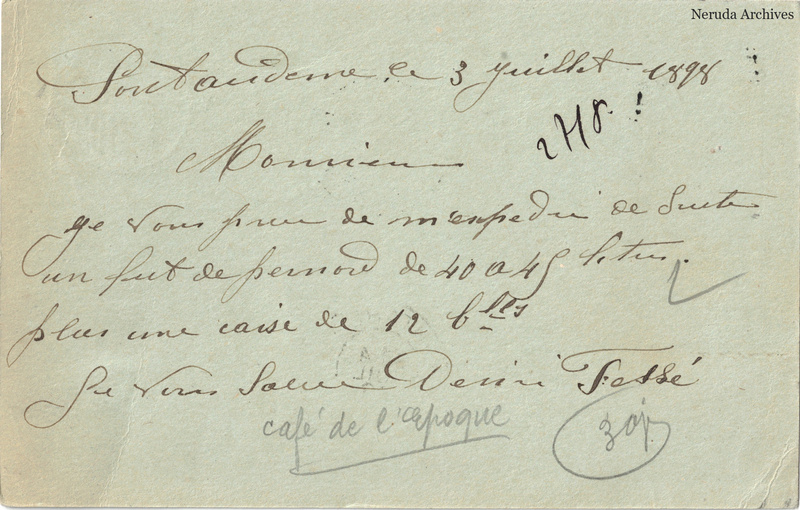 NRA-L-000189 image 2 showing the handwritten message from Désiré Fessé, Café de l'Époque to Pernod Fils, with contemporary annotations and the sender's signature or business mark.