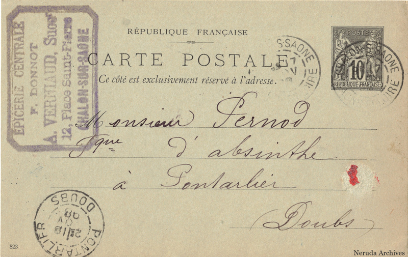 NRA-L-000263 image 1 showing the address side of a postcard sent by A. Verniaud, Épicerie Centrale to Pernod Fils, with contemporary postal and business marks.