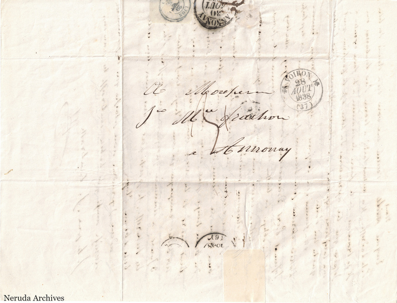NRA-L-000494 image 1 showing a folded address panel to a Frachon correspondent with circular postal marks, routing notations and visible folds.
