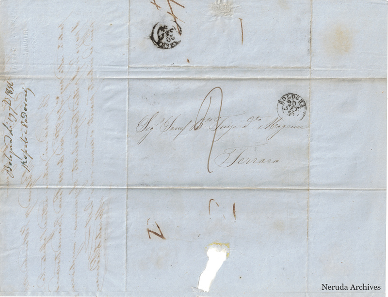 NRA-L-000724 image 1 showing the manuscript address to Samuel Finzi called Magrini in Ferrara, postal marks and docketing.